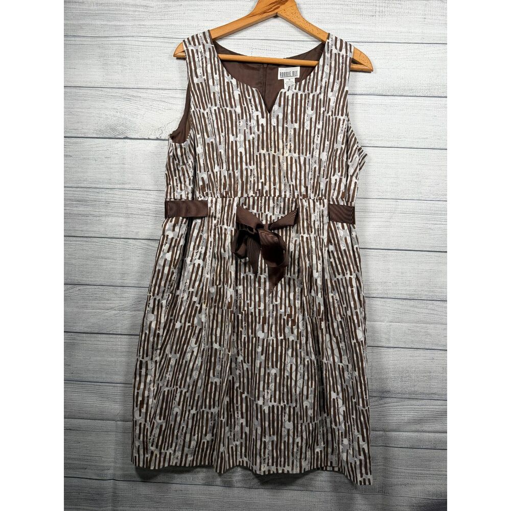 Robbie Bee Women's 18 Brown White Geometric Belted Sleeveless Midi Dress 4377
